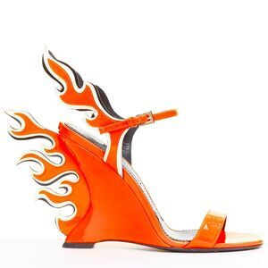 rare PRADA 2018 Flame Wedge neon orange patent Fire heel sandal EU37.5